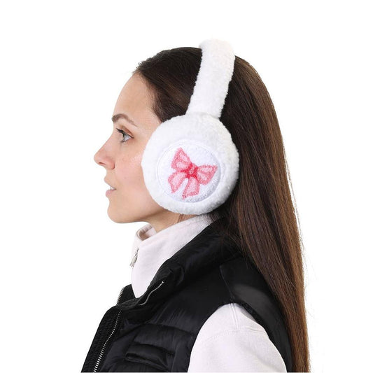 Fuzzy Earmuffs in White with Pink Ribbon Bows | Winter Ear Warmer Cover Caps