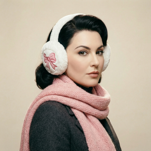 Fuzzy Earmuffs in White with Pink Ribbon Bows | Winter Ear Warmer Cover Caps