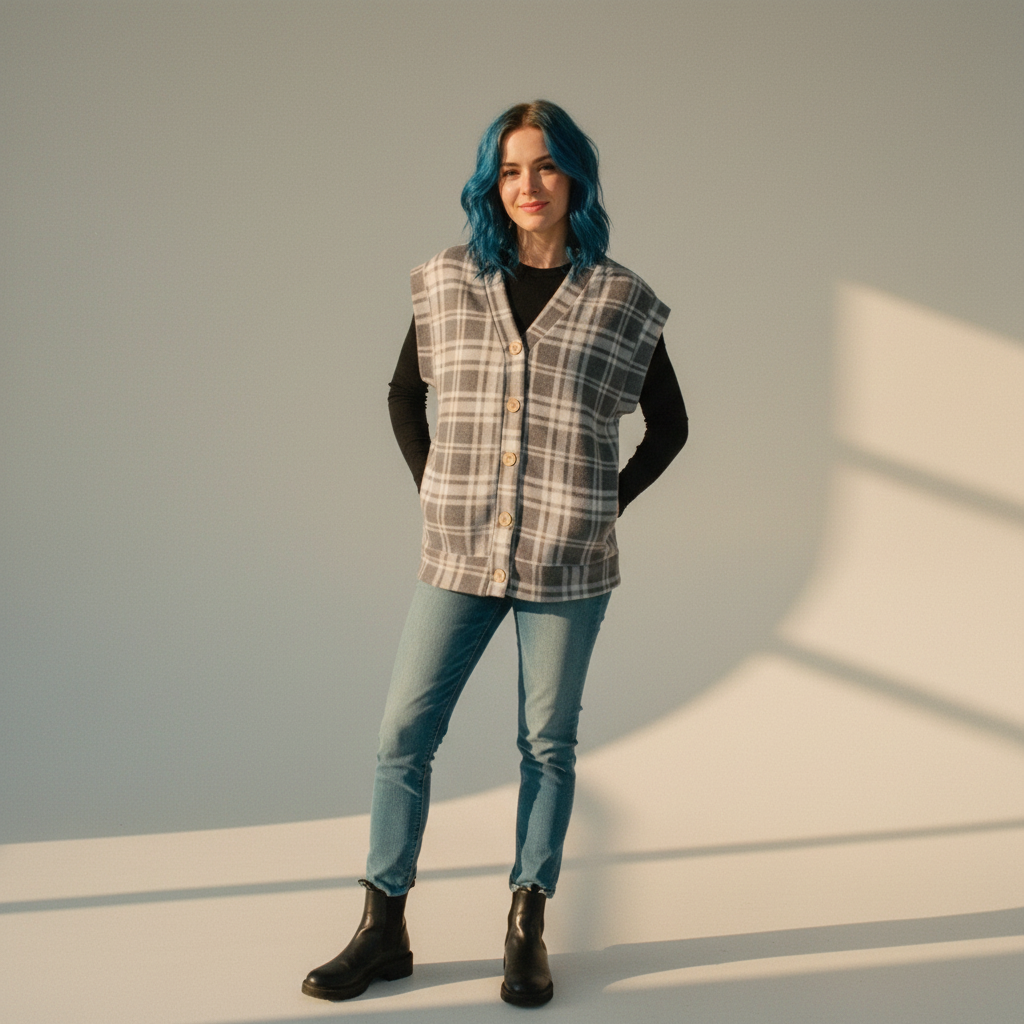 Fuzzy Plaid Button Front Sweater Vest Top in Black & White [Sizes SM–L]