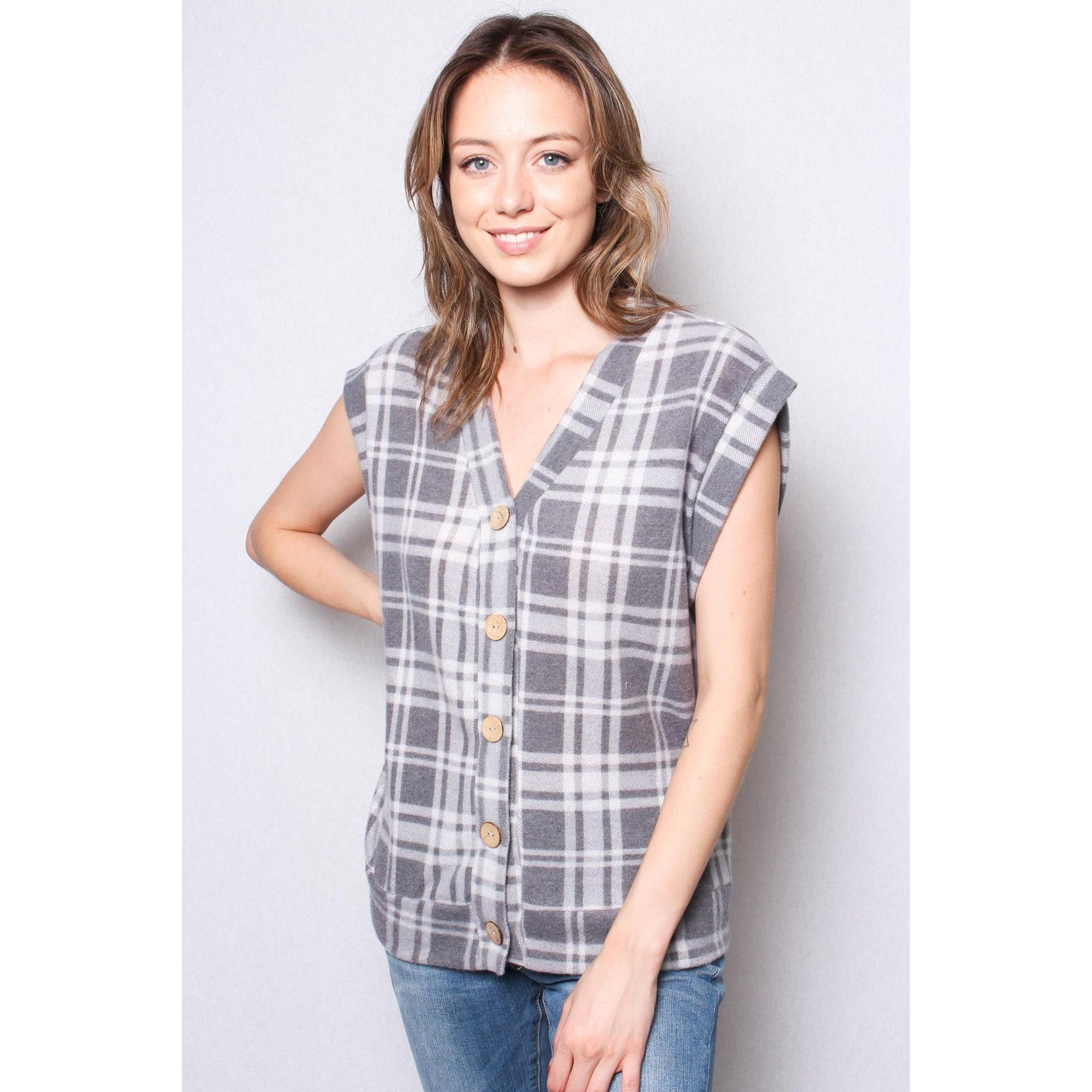 Fuzzy Plaid Button Front Sweater Vest Top in Black & White [Sizes SM–L]