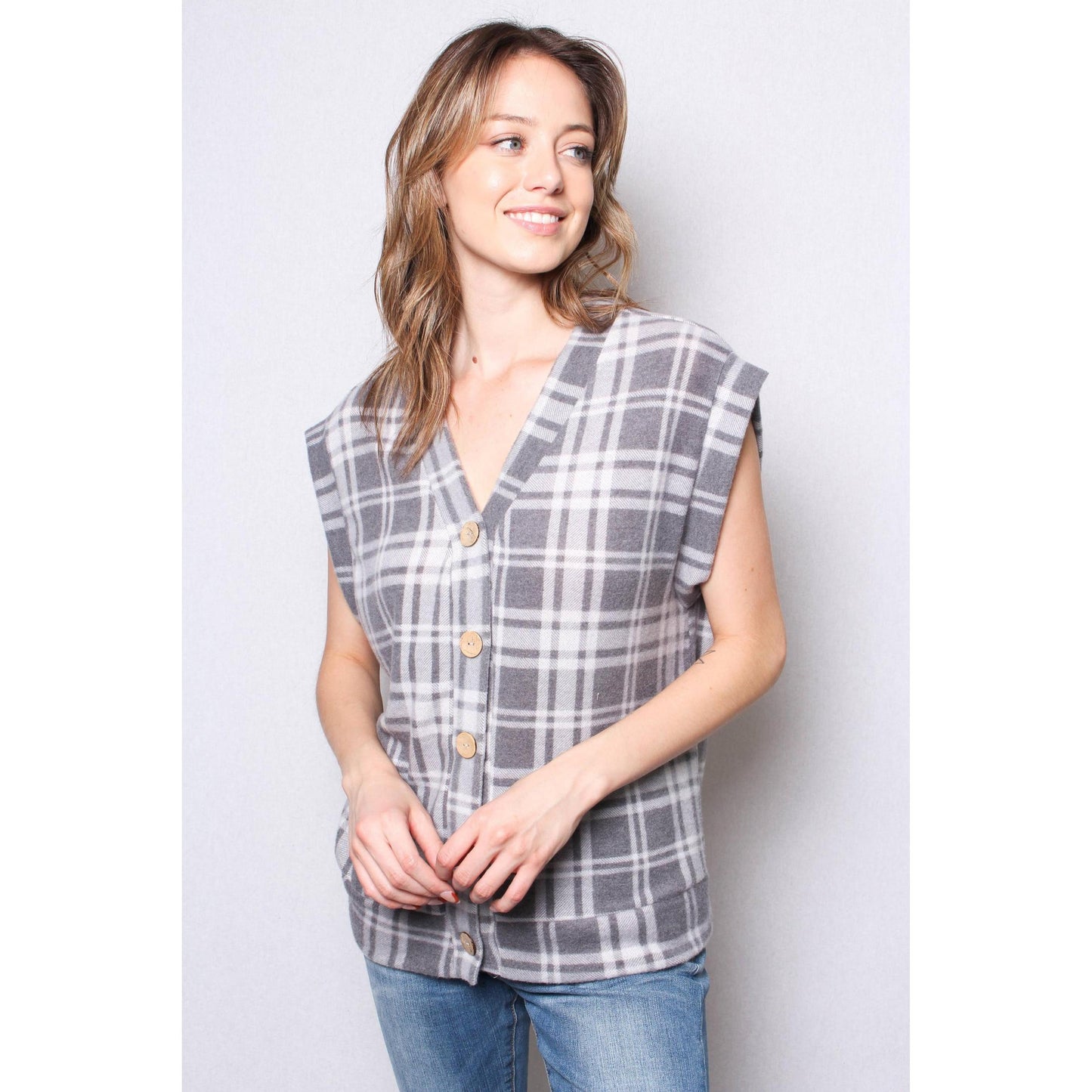 Fuzzy Plaid Button Front Sweater Vest Top in Black & White [Sizes SM–L]