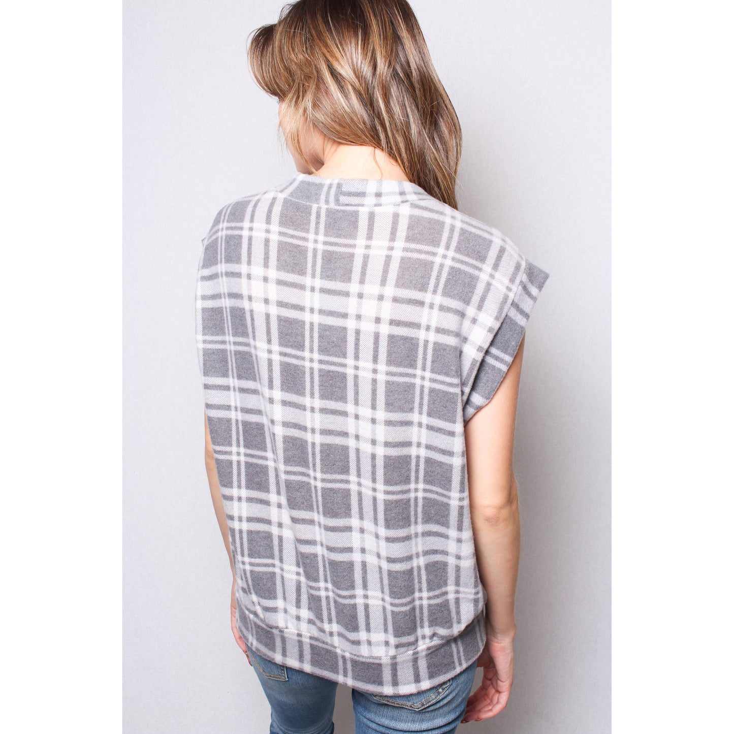 Fuzzy Plaid Button Front Sweater Vest Top in Black & White [Sizes SM–L]