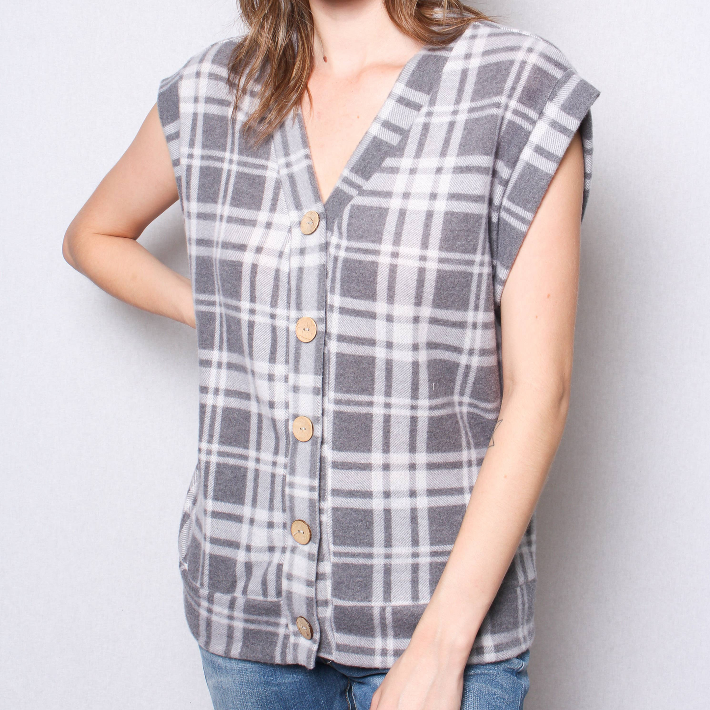 Fuzzy Plaid Button Front Sweater Vest Top in Black & White [Sizes SM–L]