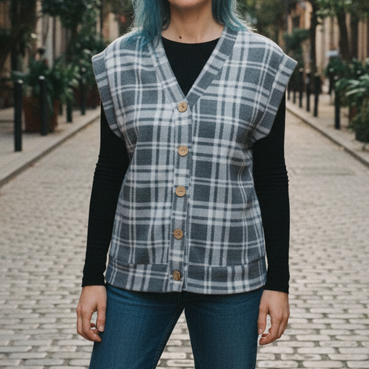 Fuzzy Plaid Button Front Sweater Vest Top in Black & White [Sizes SM–L]