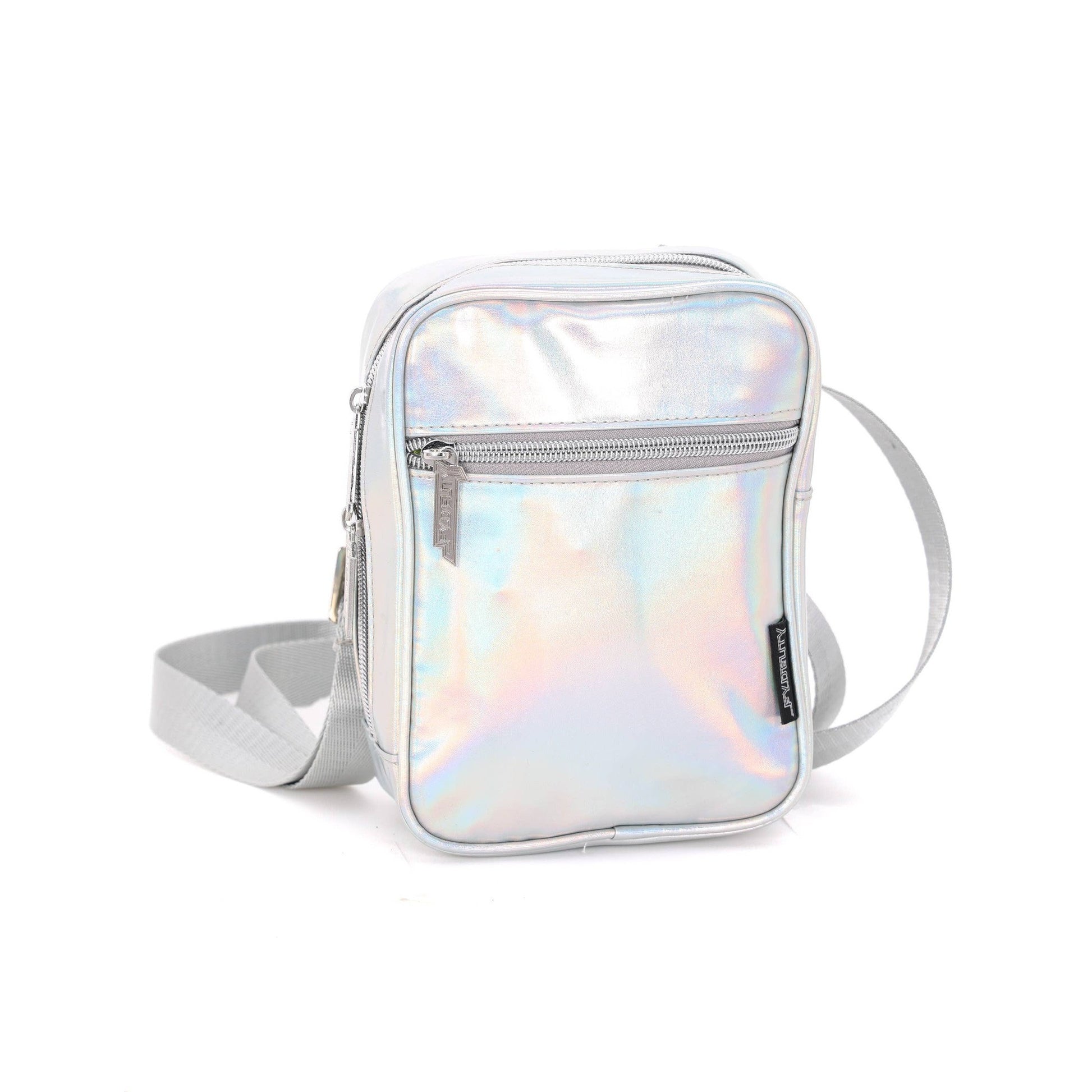 Fydelity Holographic Silver Crossbody "Sidekick" Sling Bag | Brick Bag Style Handbag Purse