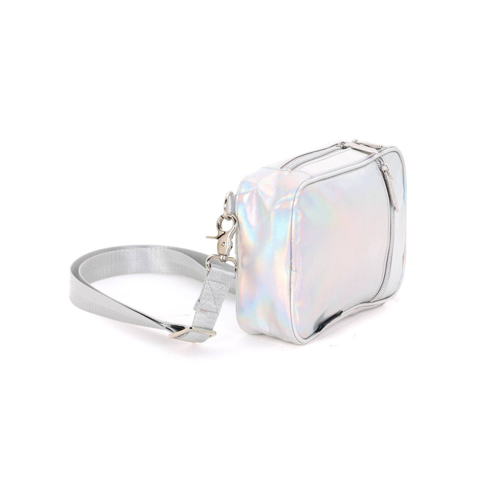 Fydelity Holographic Silver Crossbody "Sidekick" Sling Bag | Brick Bag Style Handbag Purse