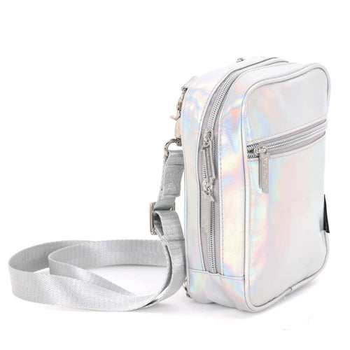 Fydelity Holographic Silver Crossbody "Sidekick" Sling Bag | Brick Bag Style Handbag Purse