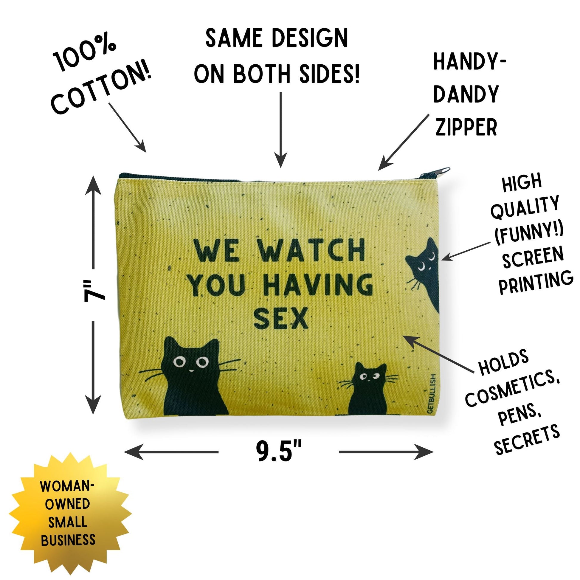 GB x Catnip Crazed We Watch You Having Sex Cats Canvas Zipper Pouch 9.5" x 7" | Cosmetics Bag or Pencil Case