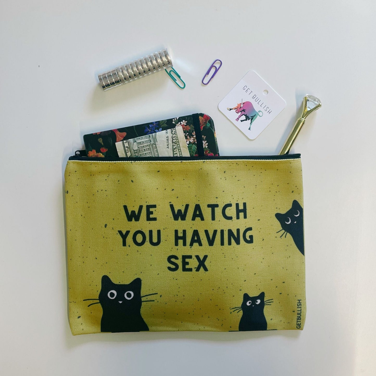 GB x Catnip Crazed We Watch You Having Sex Cats Canvas Zipper Pouch 9.5" x 7" | Cosmetics Bag or Pencil Case