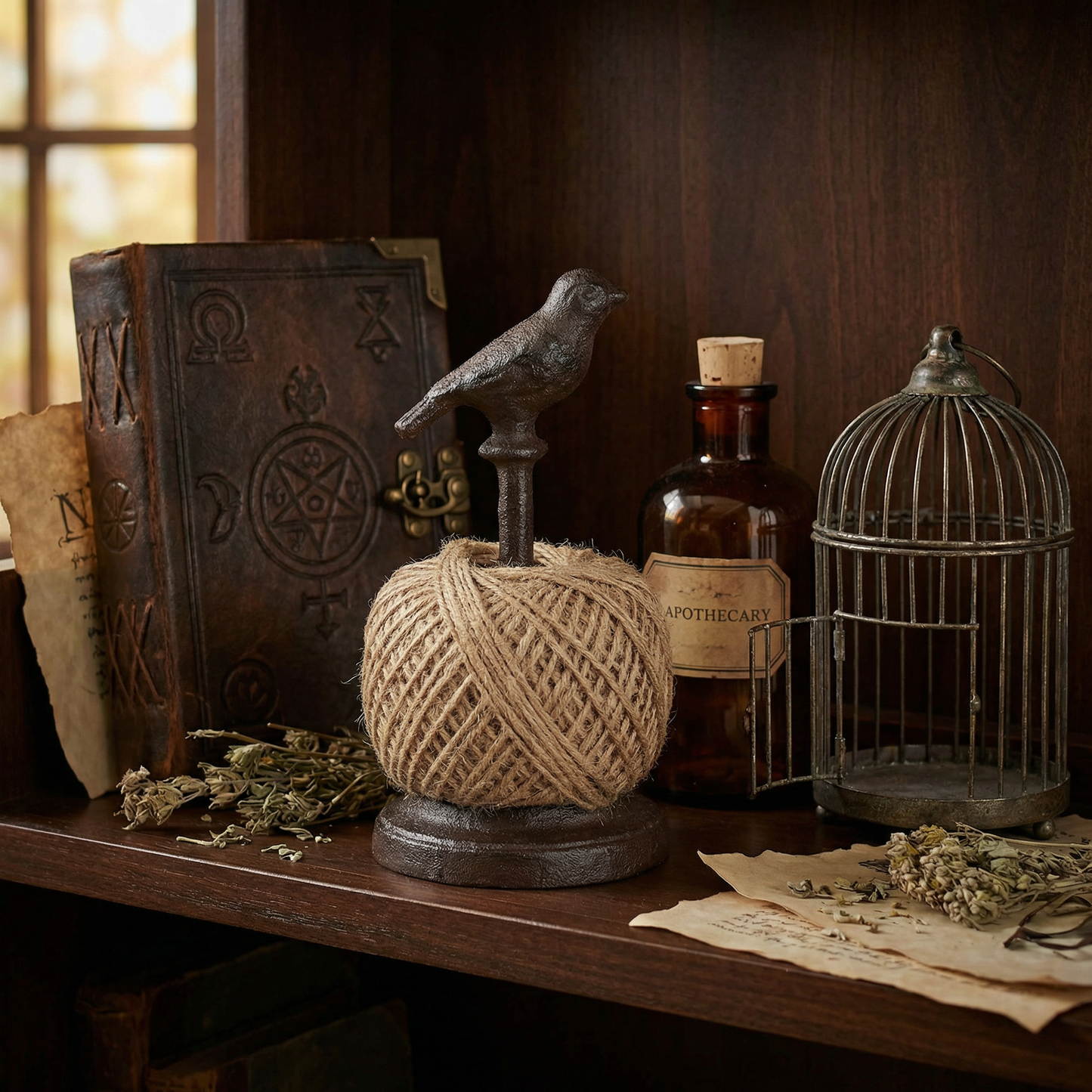 Garden Bird Twine Holder with Antique Metal Bird | Rustic Garden Decor