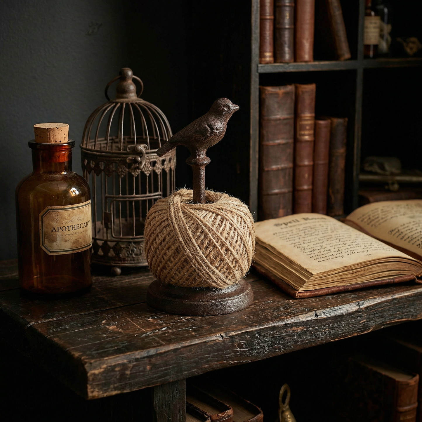 Garden Bird Twine Holder with Antique Metal Bird | Rustic Garden Decor