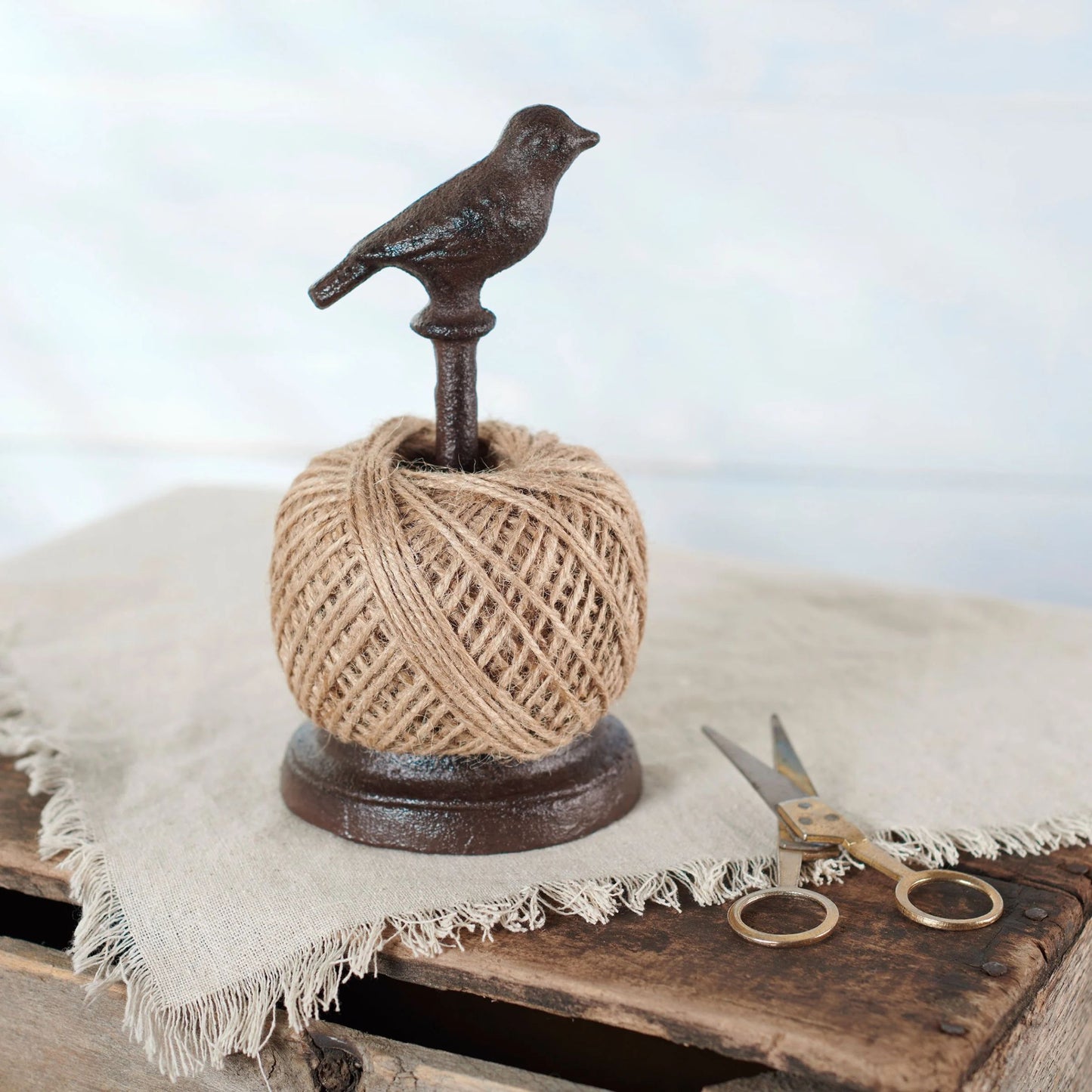 Garden Bird Twine Holder with Antique Metal Bird | Rustic Garden Decor