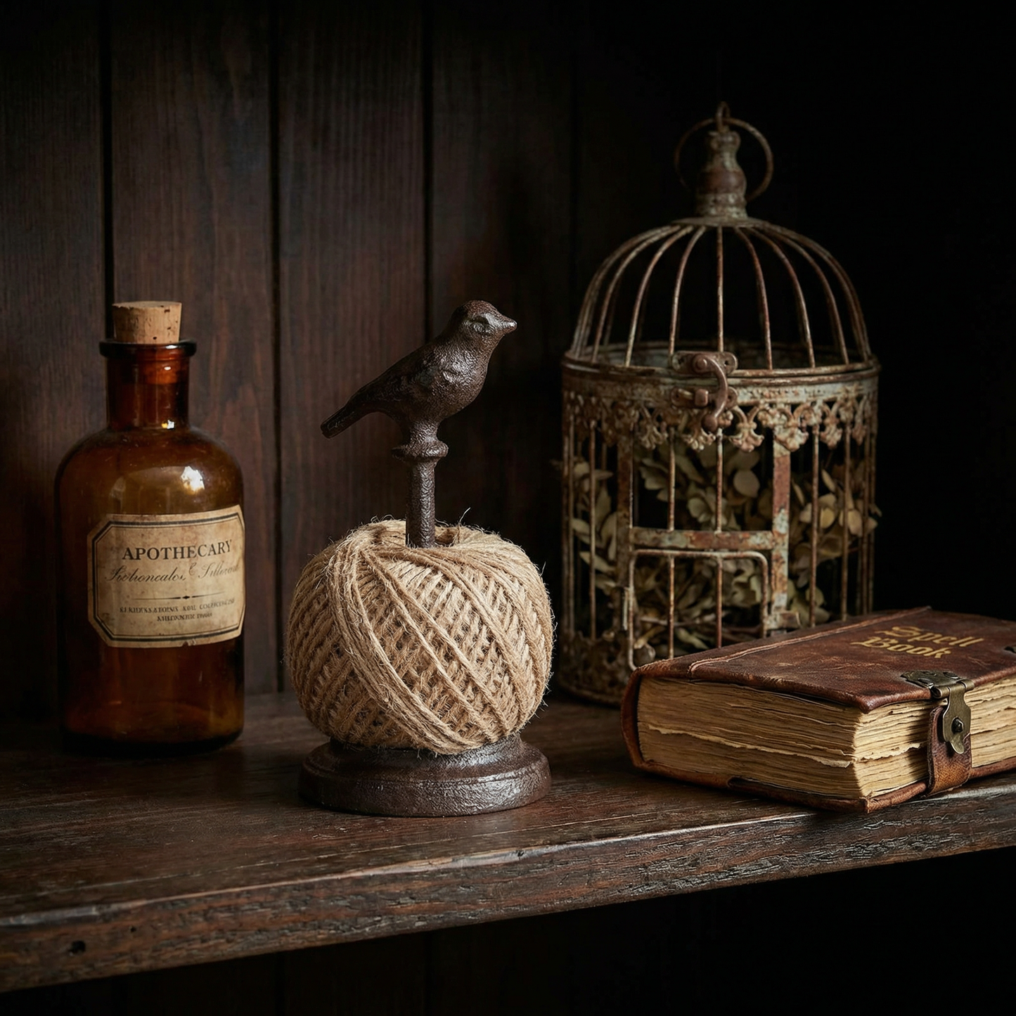 Garden Bird Twine Holder with Antique Metal Bird | Rustic Garden Decor