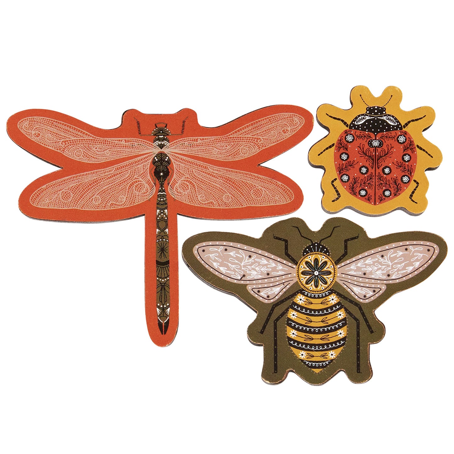 Three insect-shaped patches on a white background