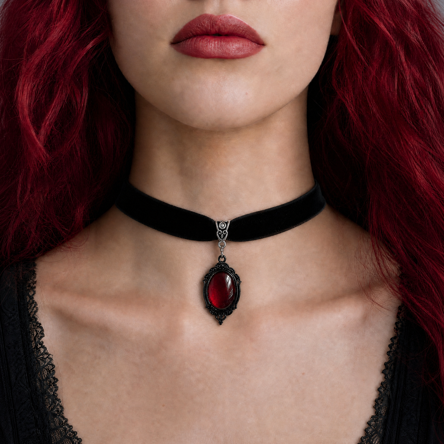 Gothic Blood Choker | Black Velvet Choker with Red Gem