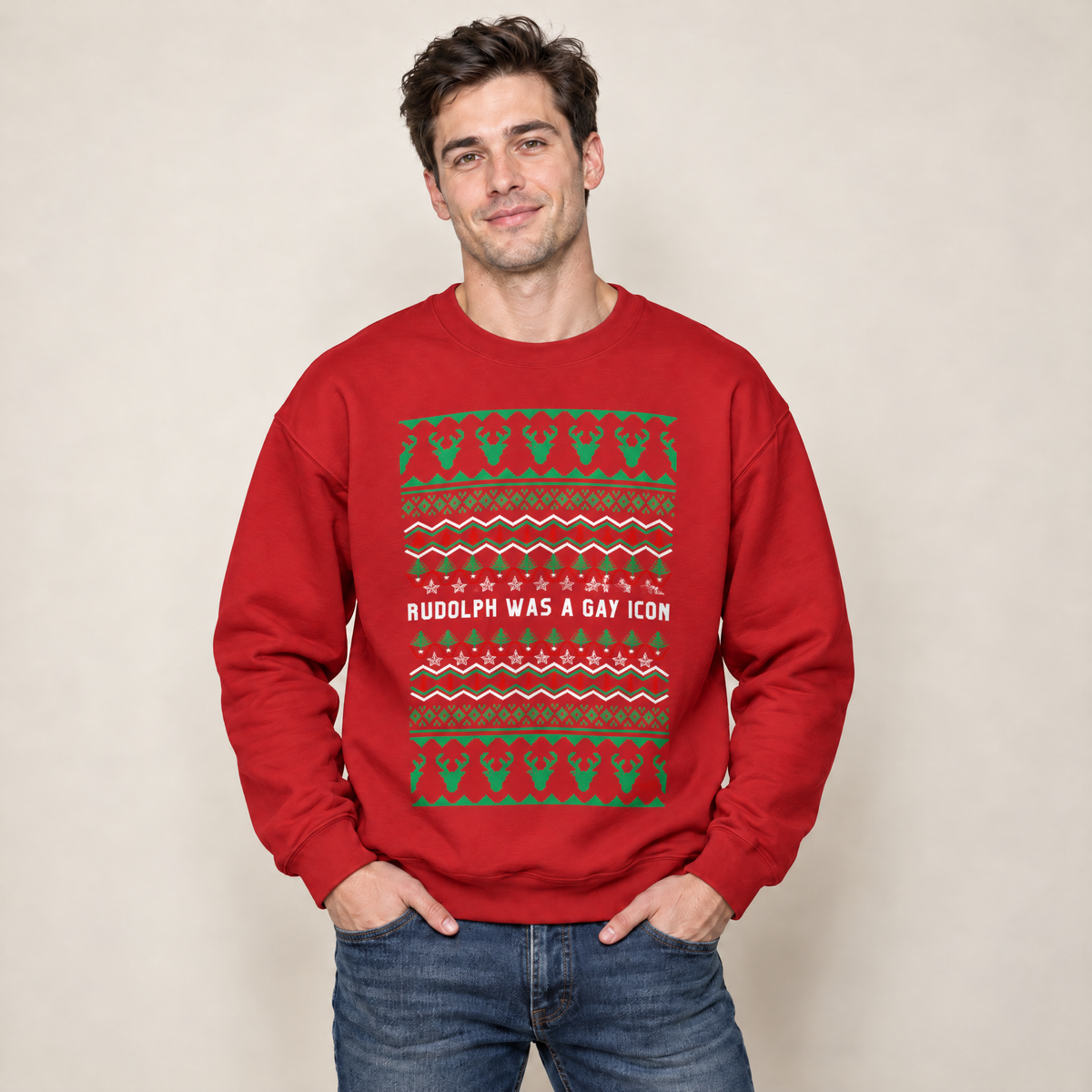 Rudolph Was a Gay Icon "Ugly Christmas Sweater" Unisex Heavy Blend™ Crewneck Sweatshirt (Sizes S-5X)