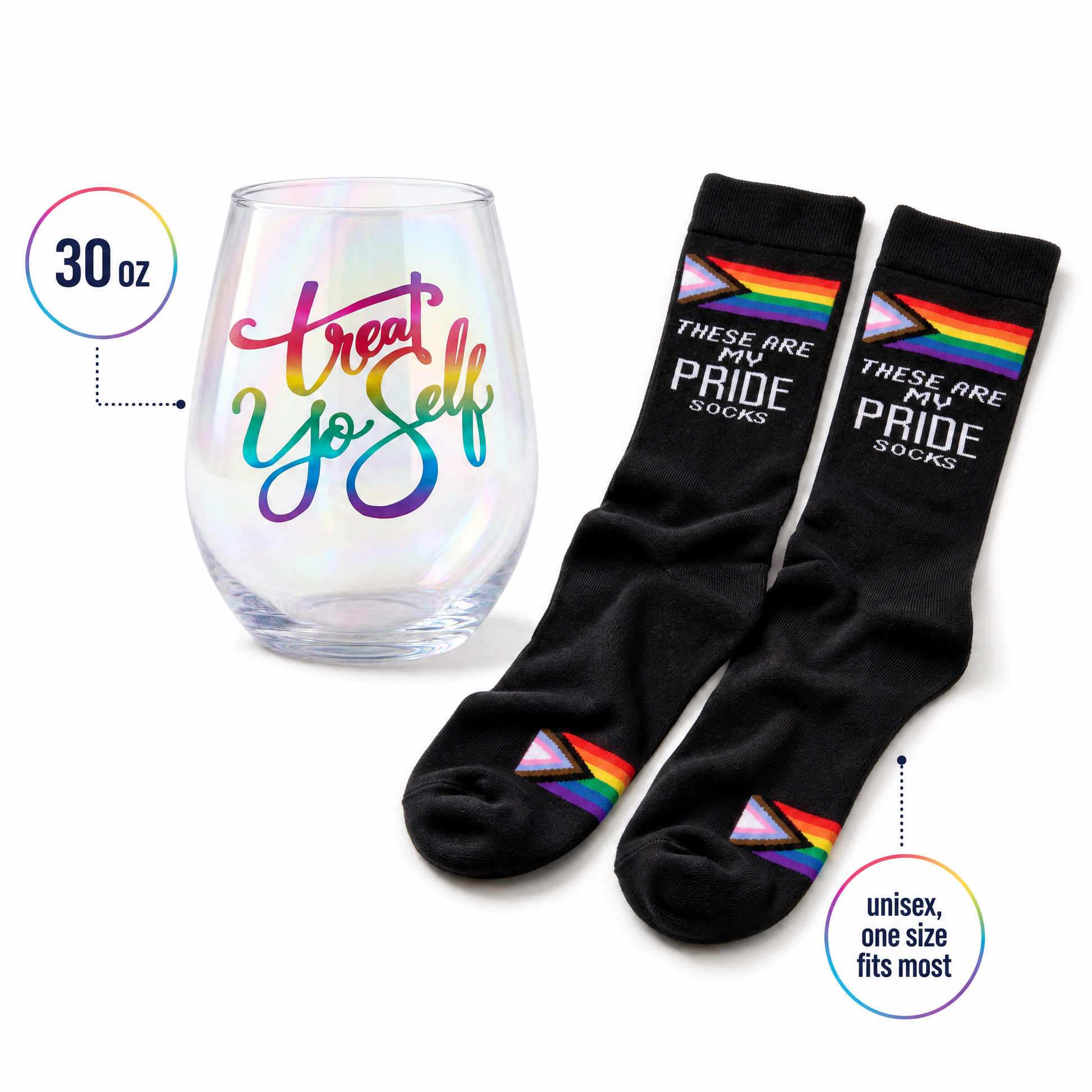 Treat Yo Self Gift Set | Jumbo Wine Glass & Pride Socks in Gift Bag