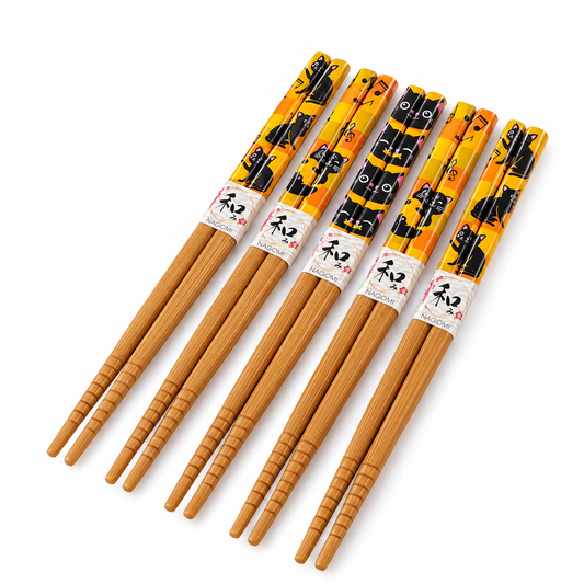 5-Piece Black Cat Neko Friends Bamboo Chopsticks Set-Urban Tokyo-The Bullish Store