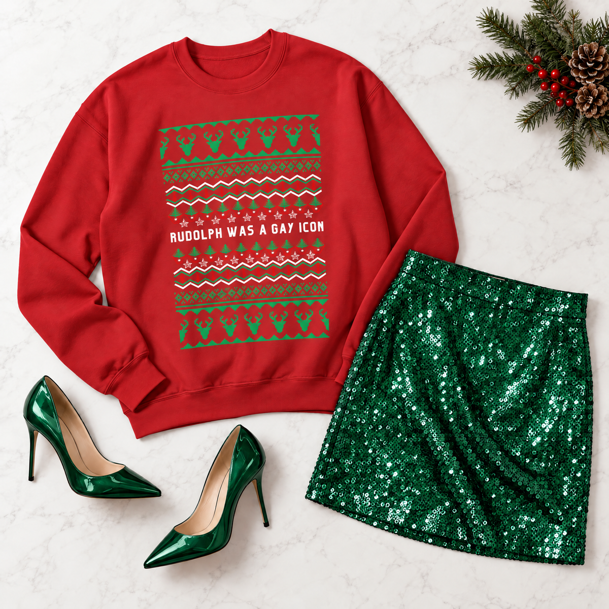 Rudolph Was a Gay Icon "Ugly Christmas Sweater" Unisex Heavy Blend™ Crewneck Sweatshirt (Sizes S-5X)