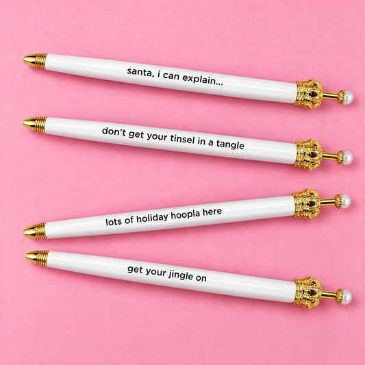 Holiday Hoopla White Crown Pen Set of 12 | Giftable Quote Pens | Novelty Office Desk Supplies-Santa Barbara Design Studio-The Bullish Store