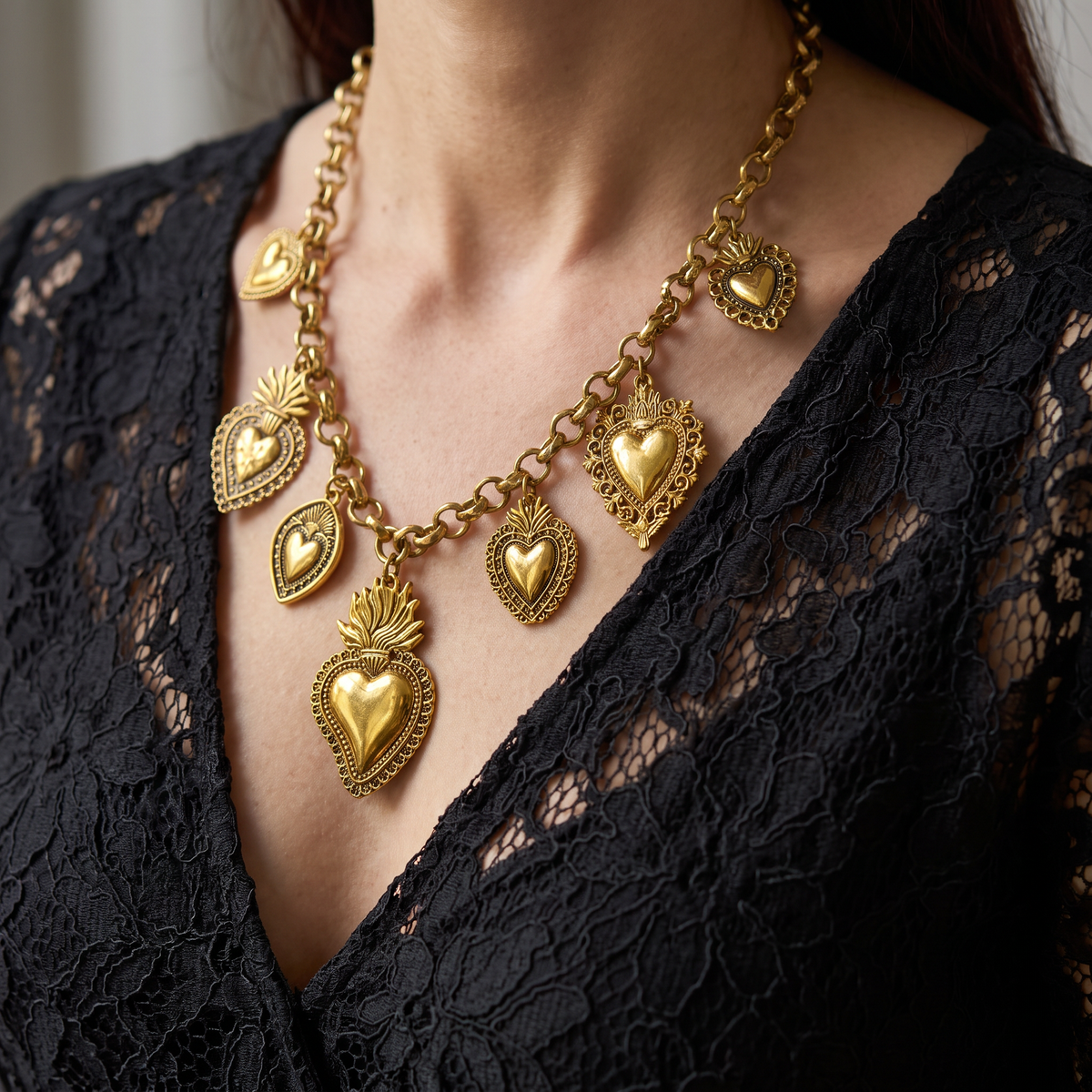 Sacred Heart Ex Voto Necklace in Gold | 7 Unique Sacred Heart Charms | 16" + 3" Extender-Paper & Quartz-The Bullish Store