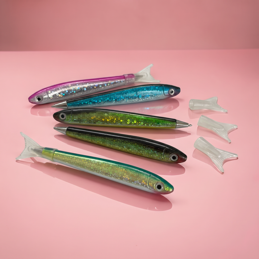 Shimmery Sardine Pens | Set of 5 | Blue Ink Ballpoint | 5"