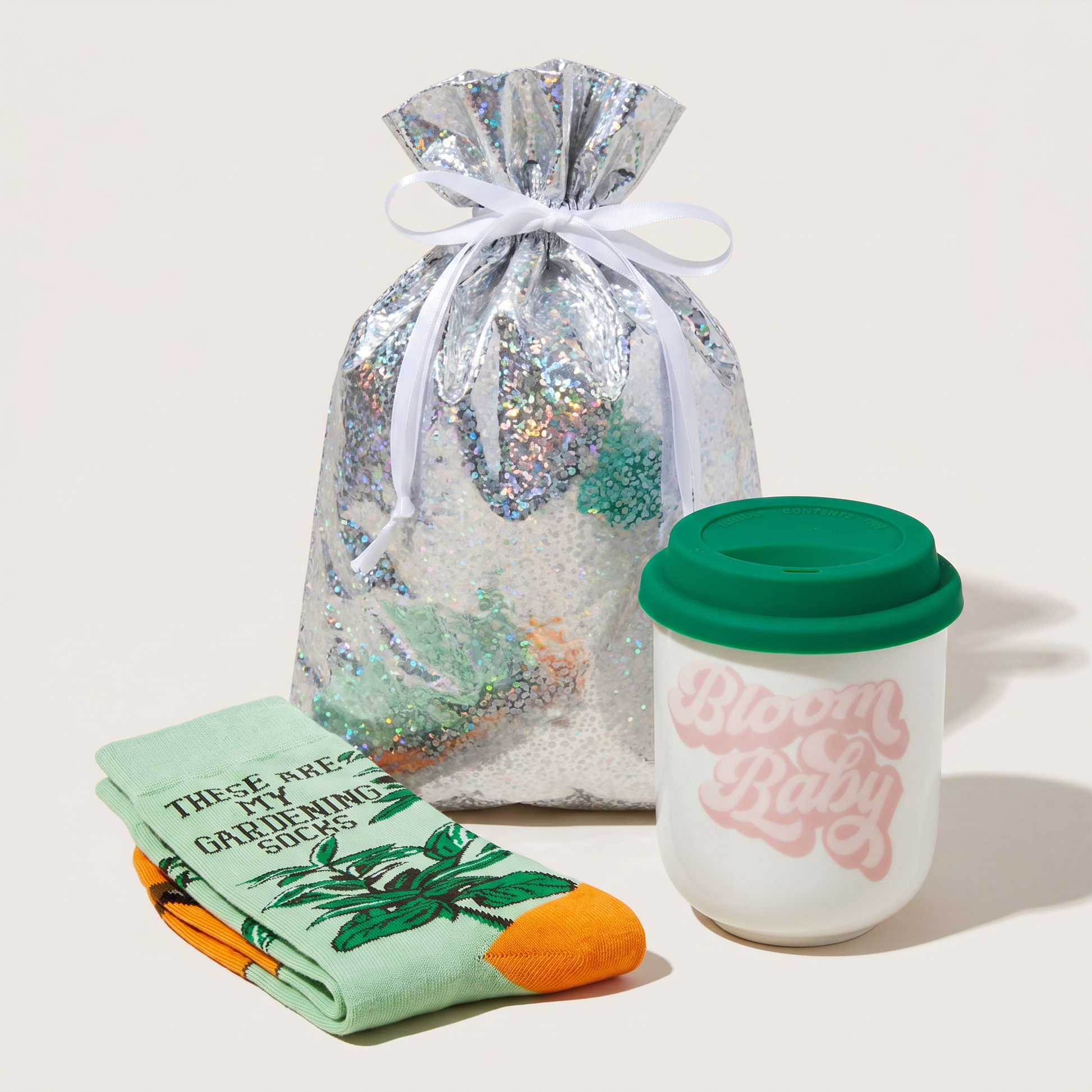 Bloom Baby Gift Set | Travel Mug & Gardening Socks in Gift Bag