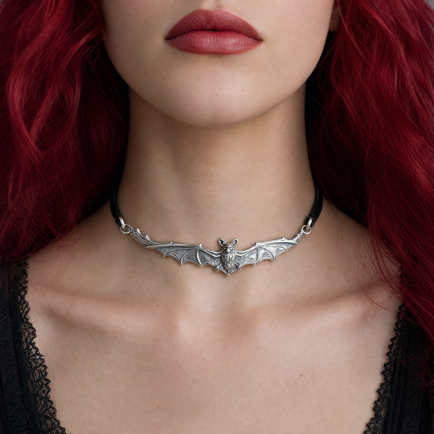 Gothic Bat Choker | Silver Bat Pendant on Black Cord | Silver Hardware