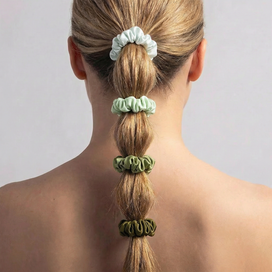 4 Pack Satin Hair Tie Pack in Olive / Sage / Mint / Camo | Poly Satin Scrunchies Hair Accessory