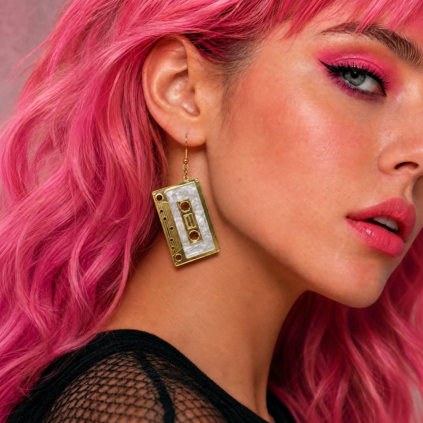 Jumbo Cassette Dangle Earrings in Gold | Matte Gold & Pearl Acetate | 3" Ear Wire