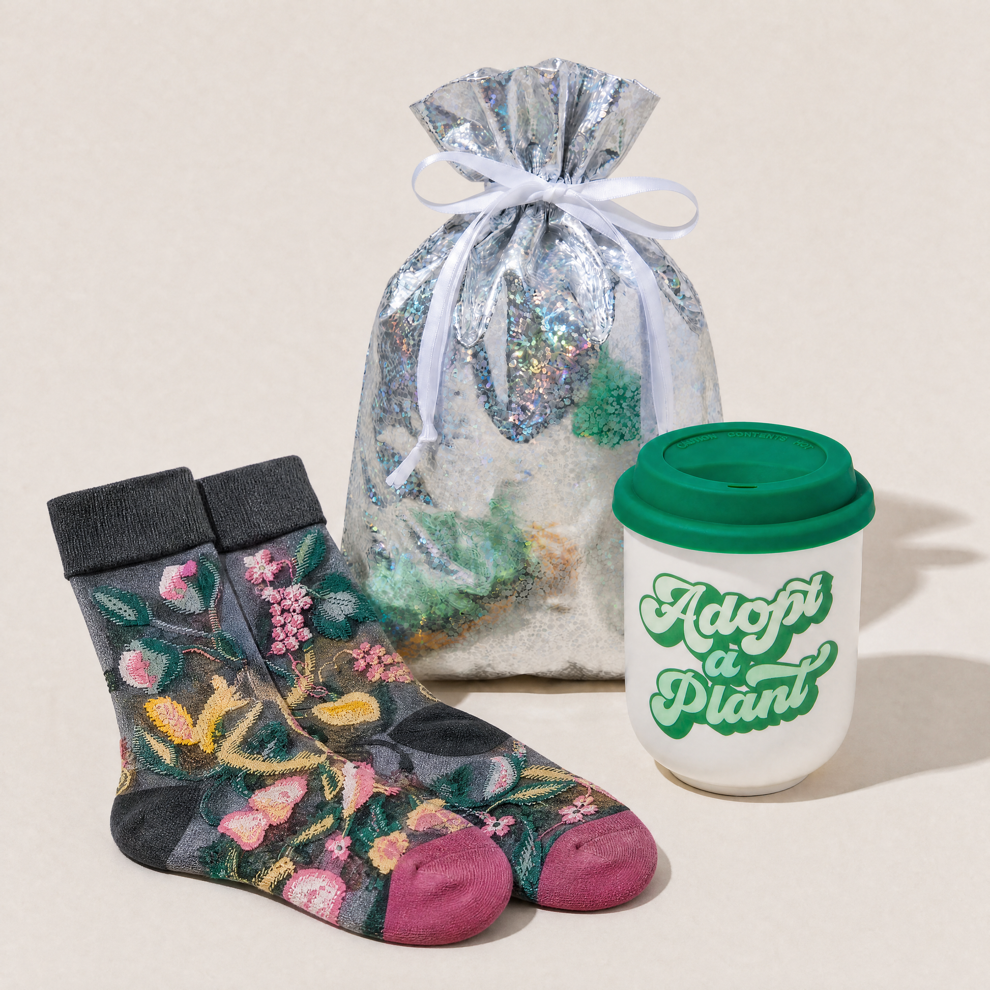Adopt a Plant Gift Set | Travel Mug & Dark Botanical Socks in Gift Bag
