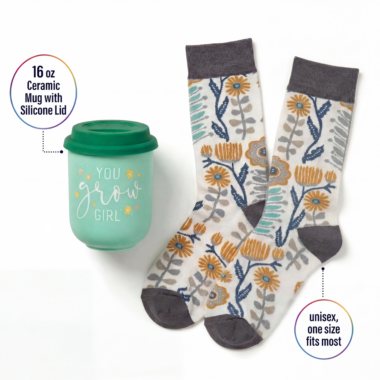 You Grow Girl Gift Set | Travel Mug & Folk Art Floral Socks in Gift Bag