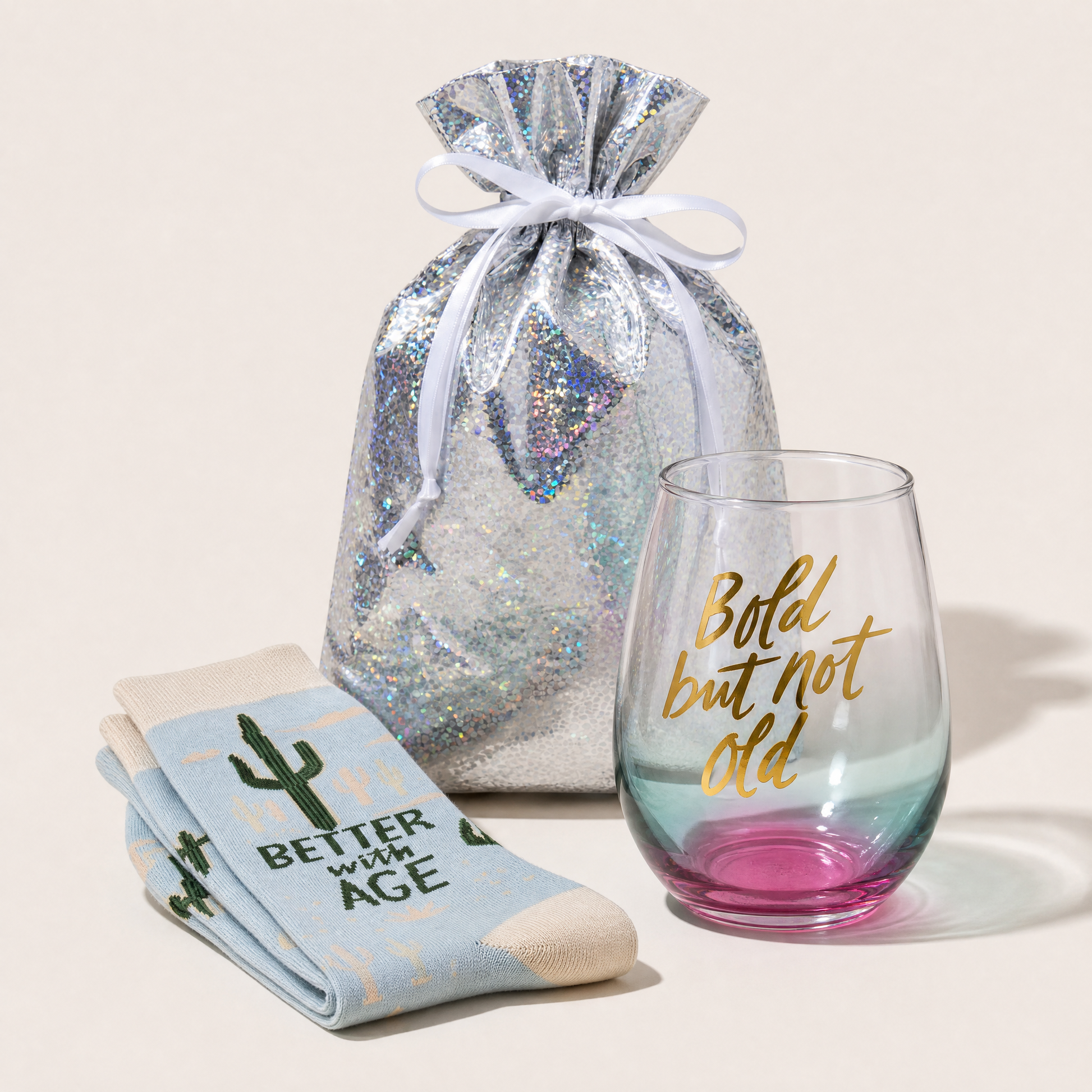 Bold But Not Old Gift Set | Wine Glass & Better with Age Socks in Gift Bag