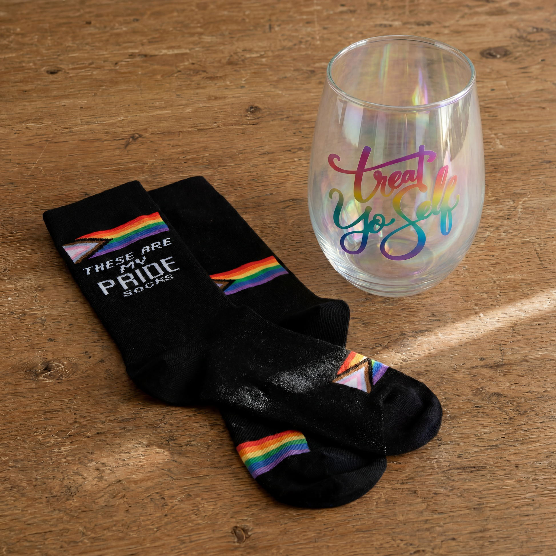 Treat Yo Self Gift Set | Jumbo Wine Glass & Pride Socks in Gift Bag