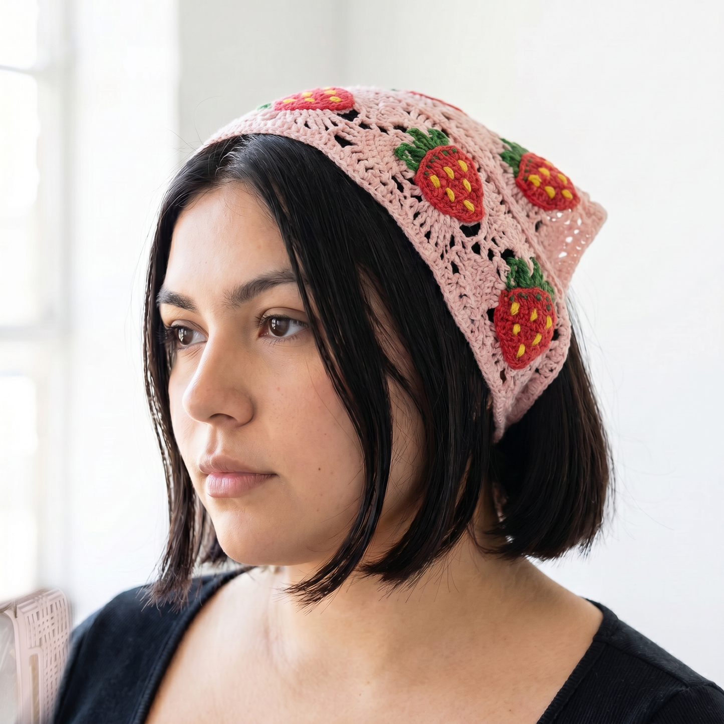 Crocheted Strawberry Hair Kerchief | Hot Pink Strawberries on Light Pink Bandana-Style