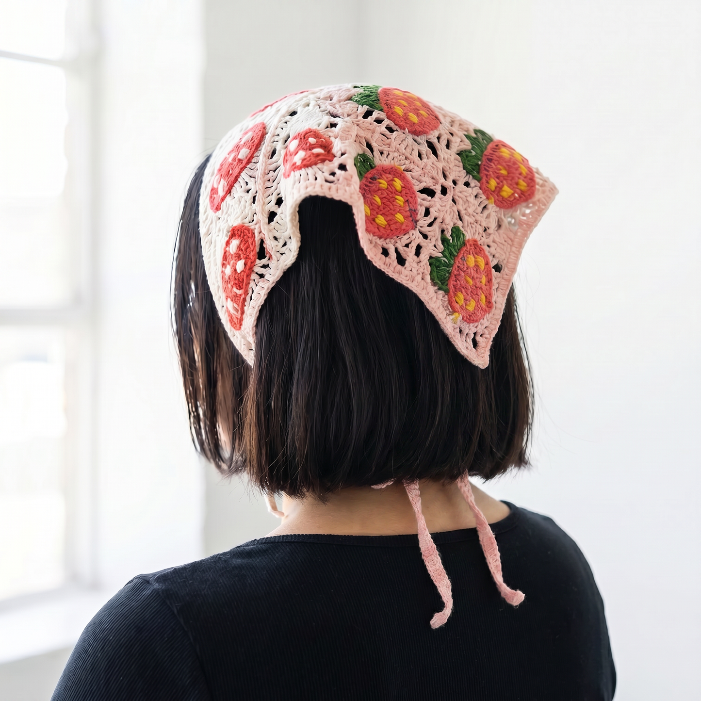 Crocheted Strawberry Hair Kerchief | Hot Pink Strawberries on Light Pink Bandana-Style