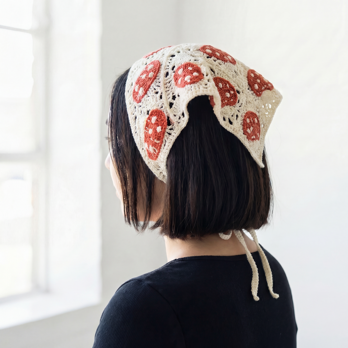 Crocheted Mushroom Hair Kerchief | Red Mushrooms, Bandana-Style in 2 Colors