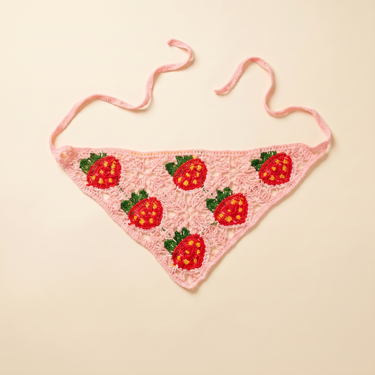 Crocheted Strawberry Hair Kerchief | Hot Pink Strawberries on Light Pink Bandana-Style