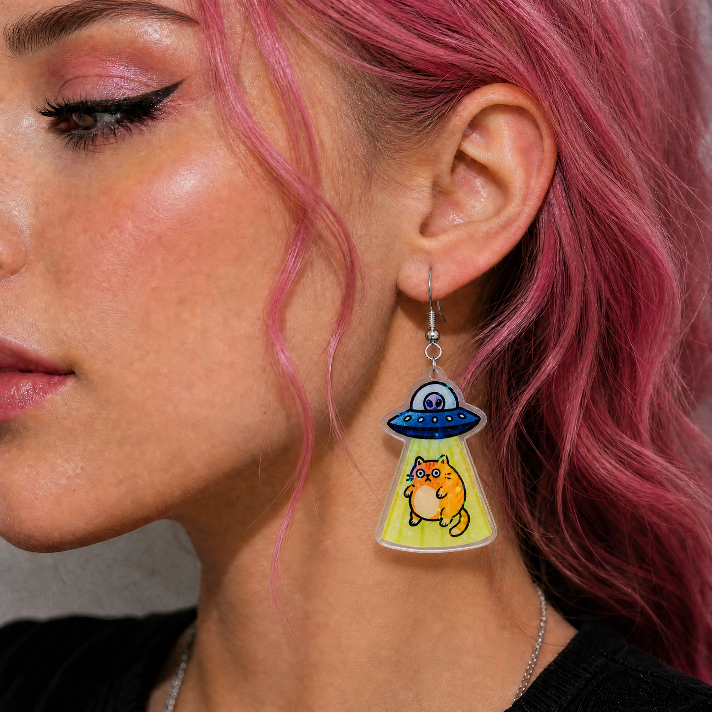 Alien Abduction Cat UFO Acrylic Earrings