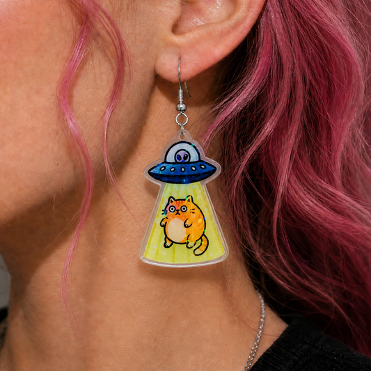 Alien Abduction Cat UFO Acrylic Earrings