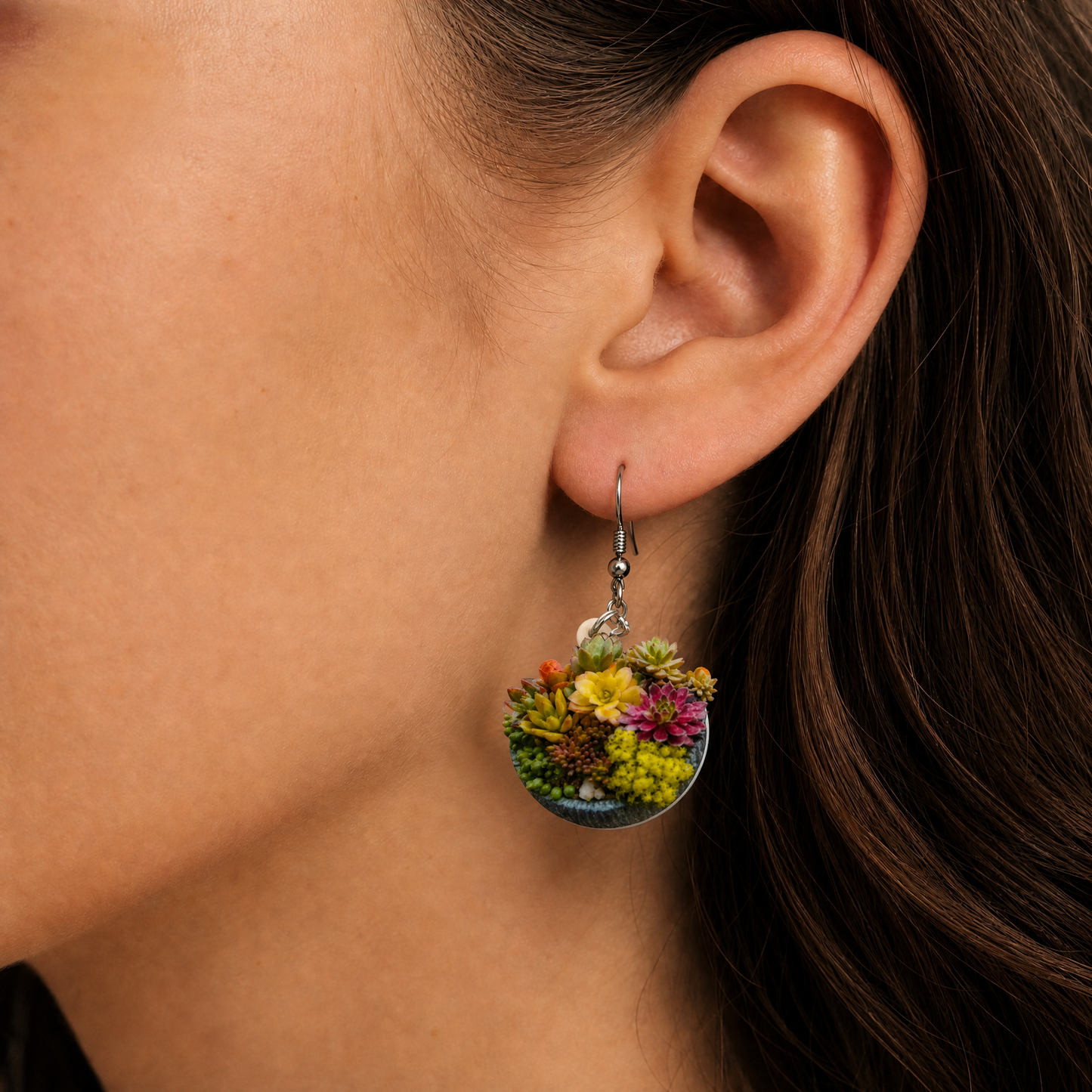 Succulent Basket Acrylic Earrings | Lightweight Plant Dangle Earrings
