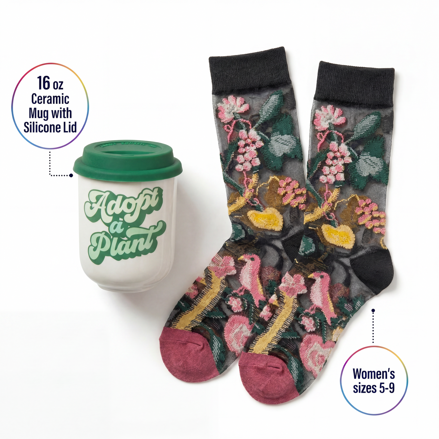 Adopt a Plant Gift Set | Travel Mug & Dark Botanical Socks in Gift Bag