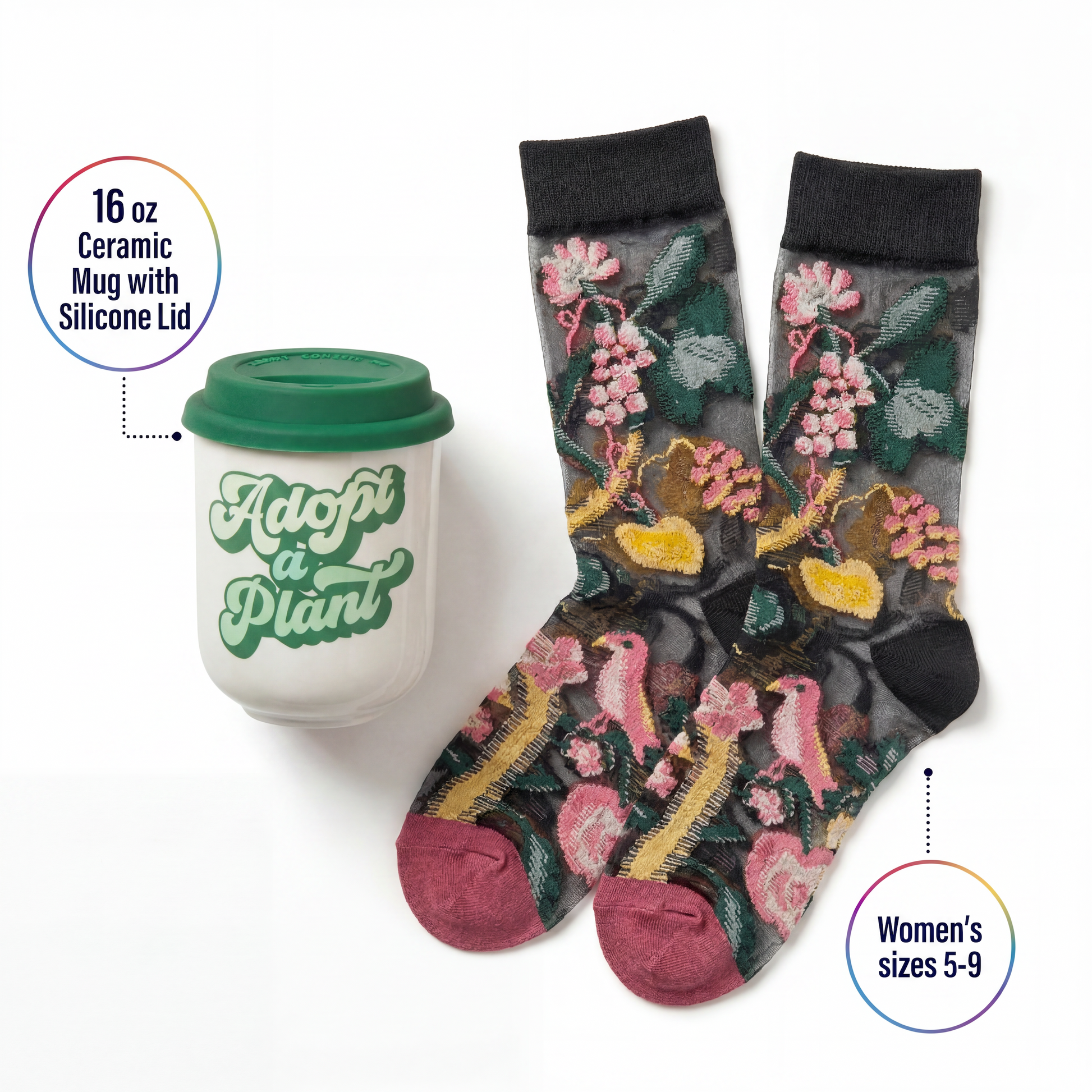 Adopt a Plant Gift Set | Travel Mug & Dark Botanical Socks in Gift Bag