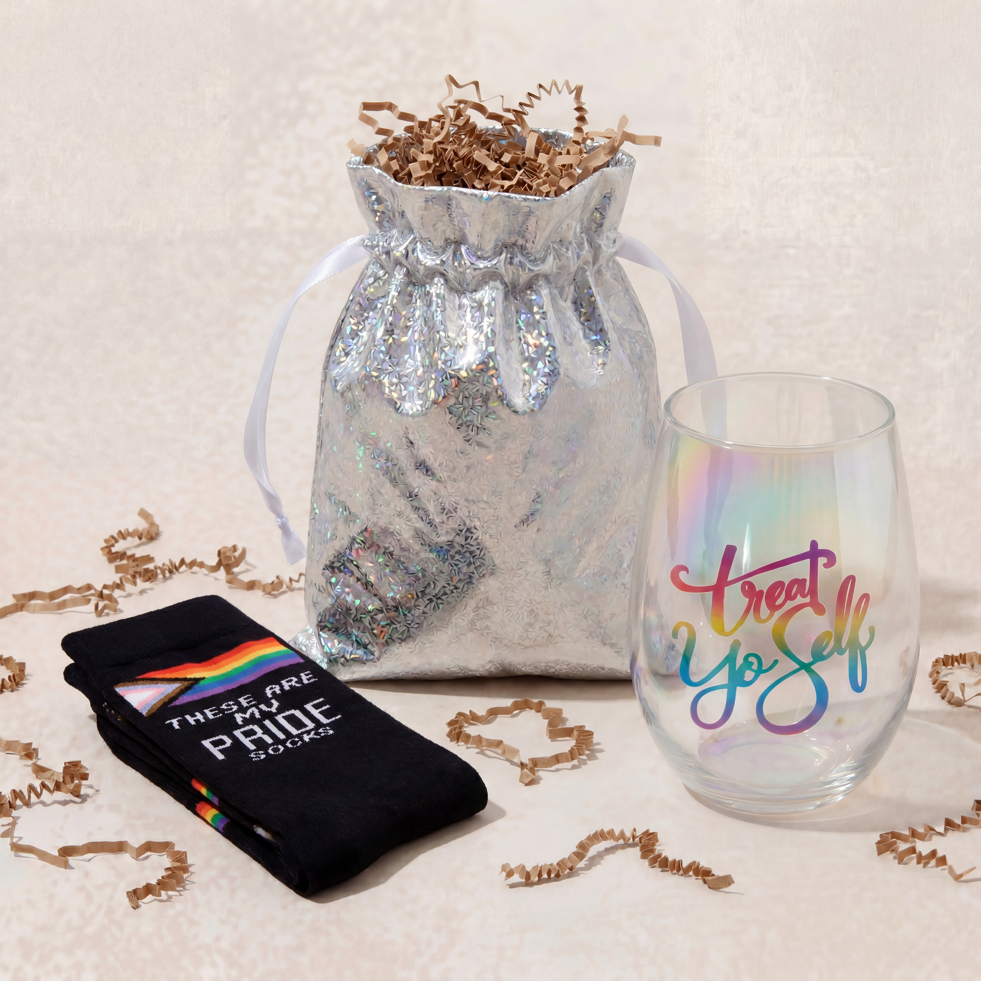 Treat Yo Self Gift Set | Jumbo Wine Glass & Pride Socks in Gift Bag