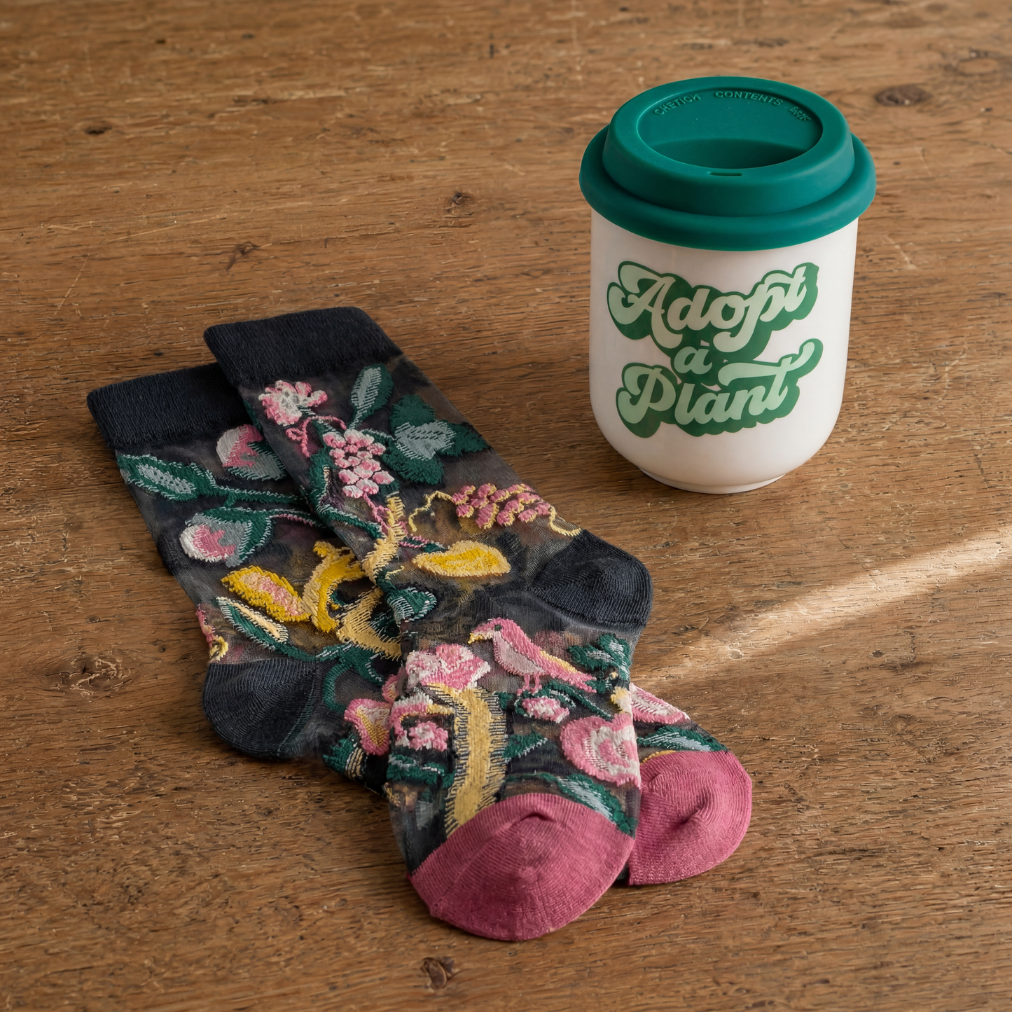 Adopt a Plant Gift Set | Travel Mug & Dark Botanical Socks in Gift Bag