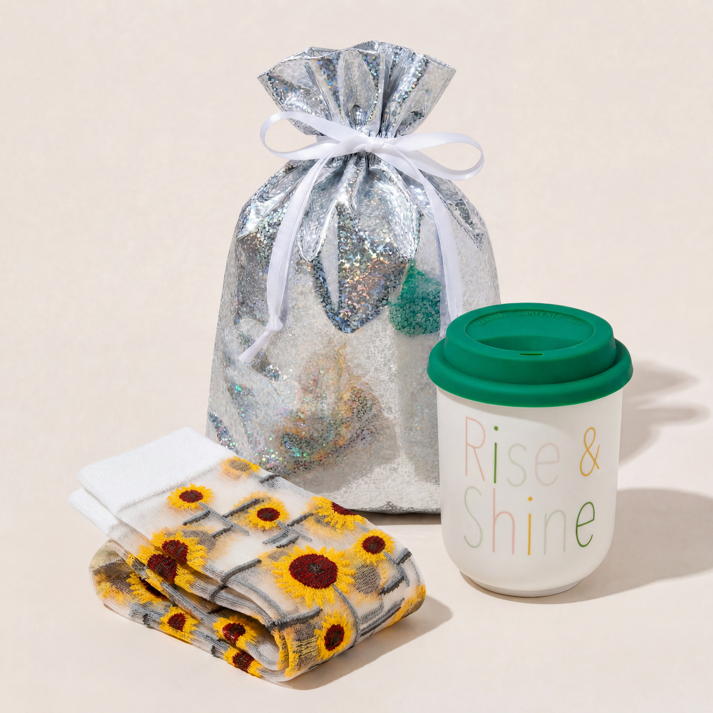 Rise and Shine Gift Set | Travel Mug & Sunflower Socks in Gift Bag