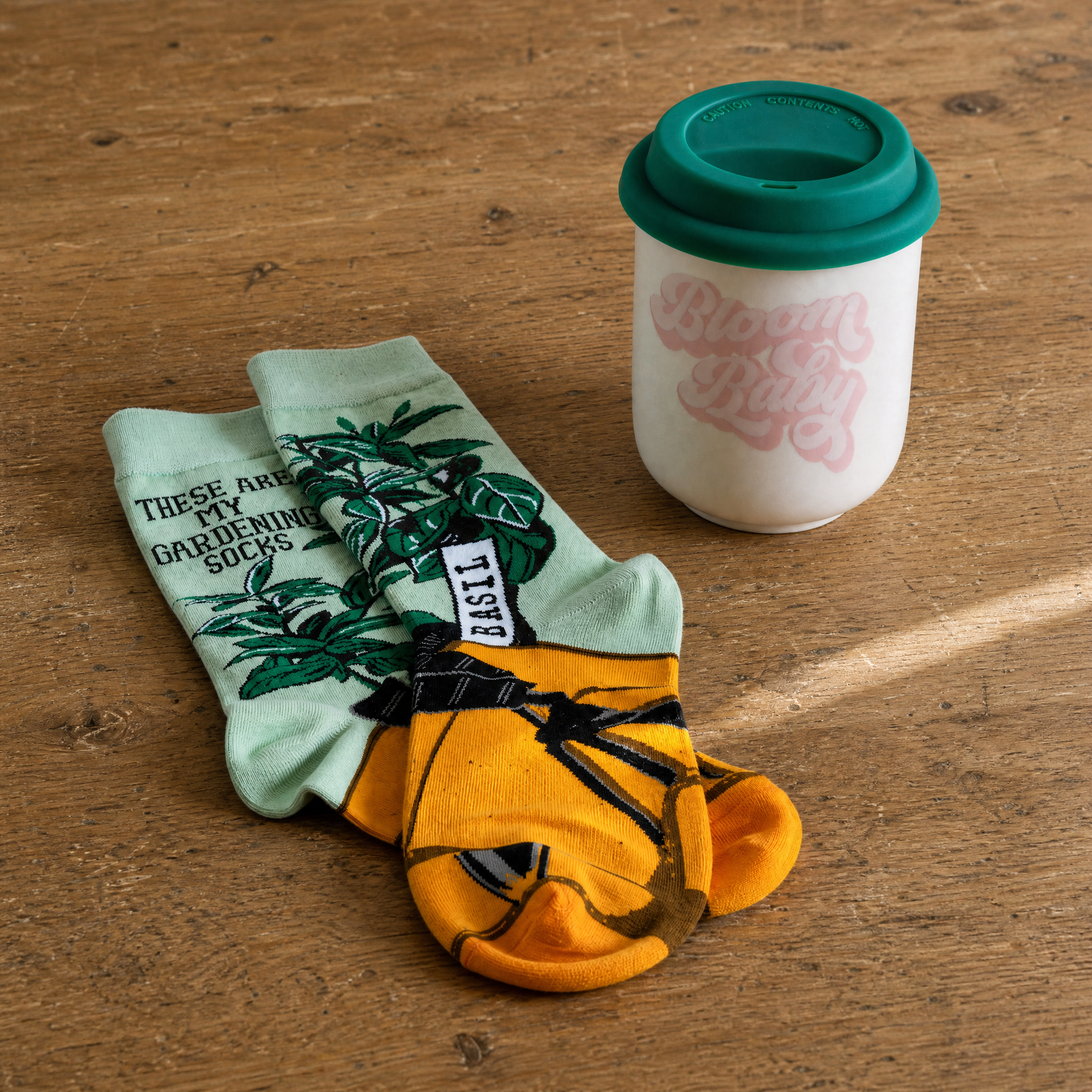 Bloom Baby Gift Set | Travel Mug & Gardening Socks in Gift Bag