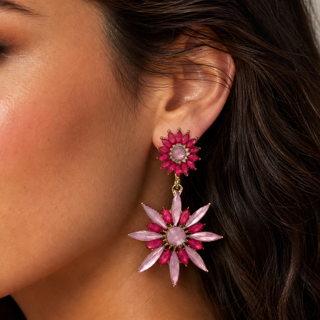 Pink Flowerburst Statement Earrings | Art Deco Gem Earrings in Hot Pink & Ballet Pink