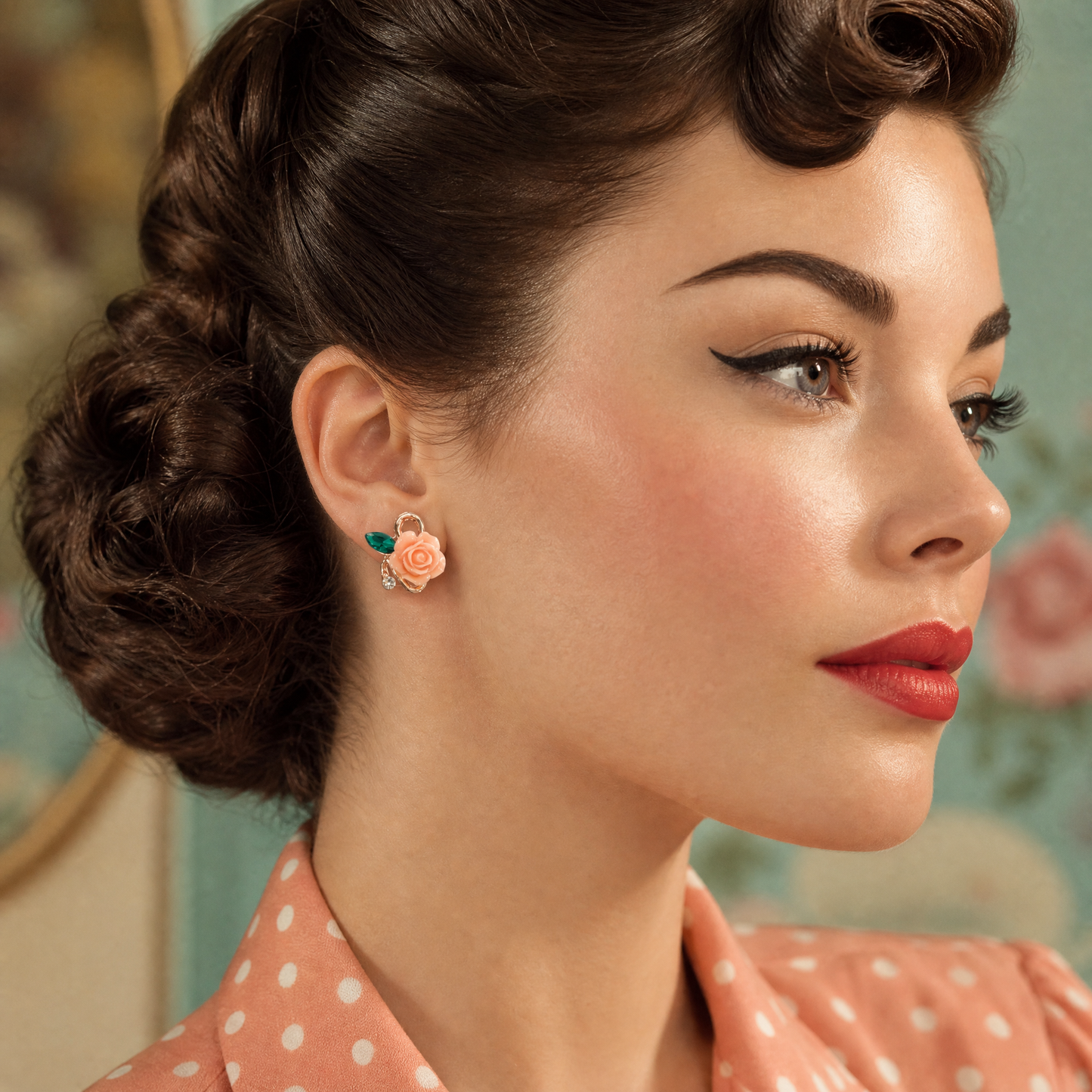 Prettiest Rose Sculpted Stud Earrings | Peachy-Pink Rose, Jeweled Leaf, Rose Gold | 1/2"
