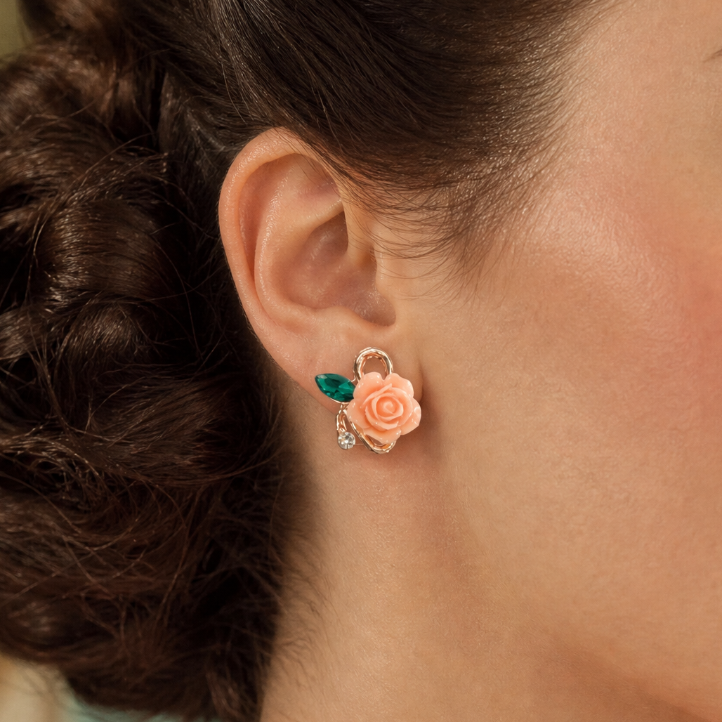 Prettiest Rose Sculpted Stud Earrings | Peachy-Pink Rose, Jeweled Leaf, Rose Gold | 1/2"